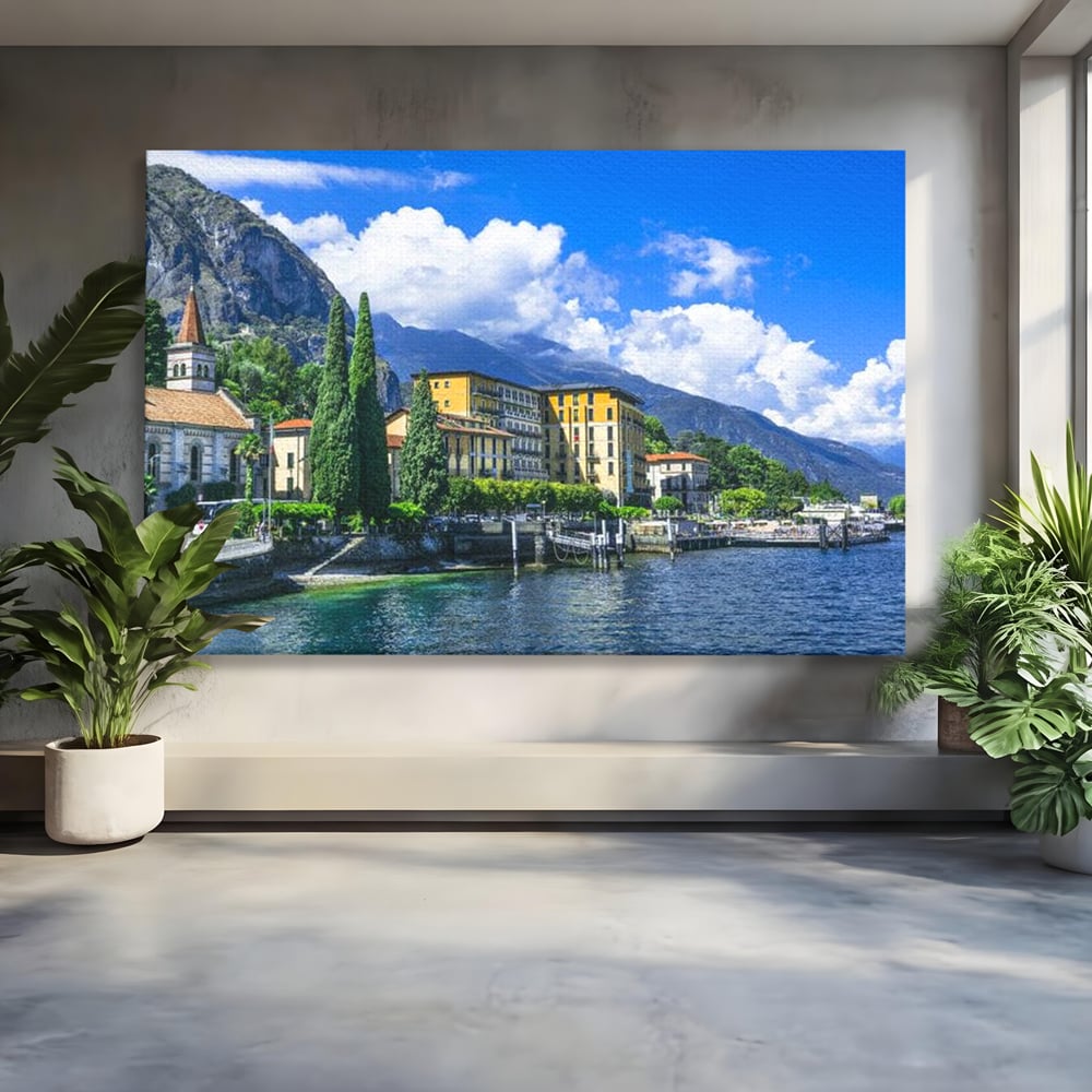 Tablou Canvas Premium, LuxCanva® O1059, Linistea Lacului Como, Riviera, Smarald, Alpin, Mediterana, Munti, Natura, Oaza, Lacustra, Soare, Serenitate, Azur, Vacanta, Creatie, Birou, Living, Dormitor