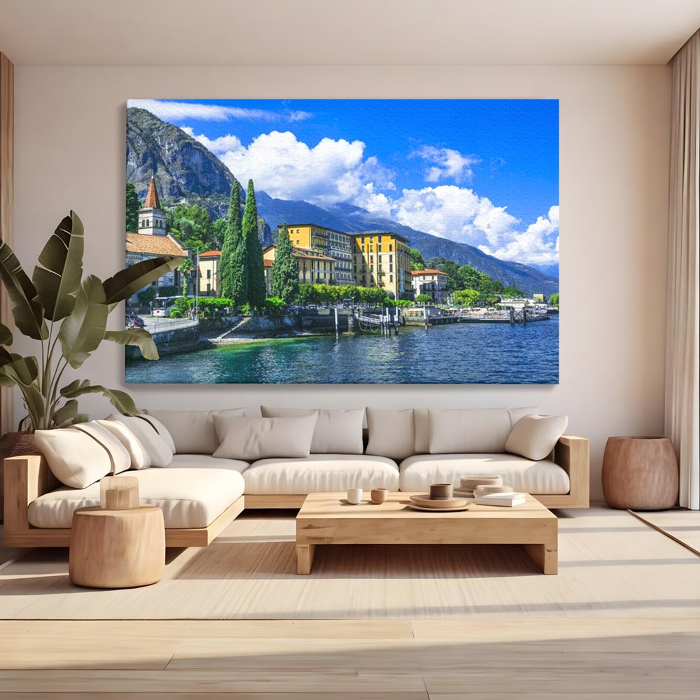 Tablou Canvas Premium, LuxCanva® O1059, Linistea Lacului Como, Riviera, Smarald, Alpin, Mediterana, Munti, Natura, Oaza, Lacustra, Soare, Serenitate, Azur, Vacanta, Creatie, Birou, Living, Dormitor