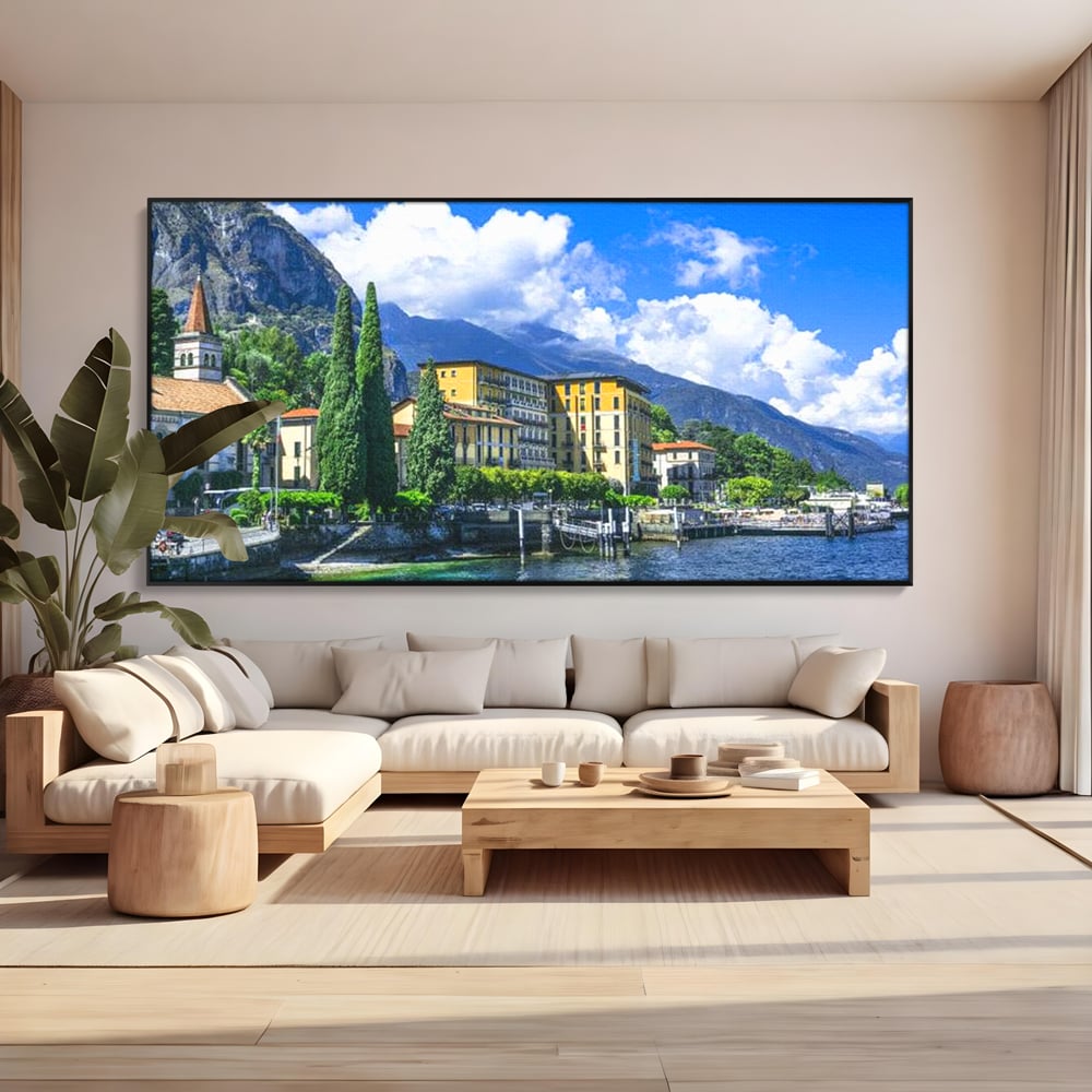 Tablou Canvas Premium, LuxCanva® O1059, Linistea Lacului Como, Riviera, Smarald, Alpin, Mediterana, Munti, Natura, Oaza, Lacustra, Soare, Serenitate, Azur, Vacanta, Creatie, Birou, Living, Dormitor