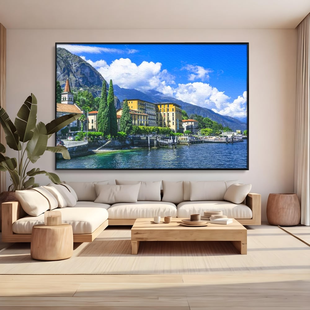 Tablou Canvas Premium, LuxCanva® O1059, Linistea Lacului Como, Riviera, Smarald, Alpin, Mediterana, Munti, Natura, Oaza, Lacustra, Soare, Serenitate, Azur, Vacanta, Creatie, Birou, Living, Dormitor