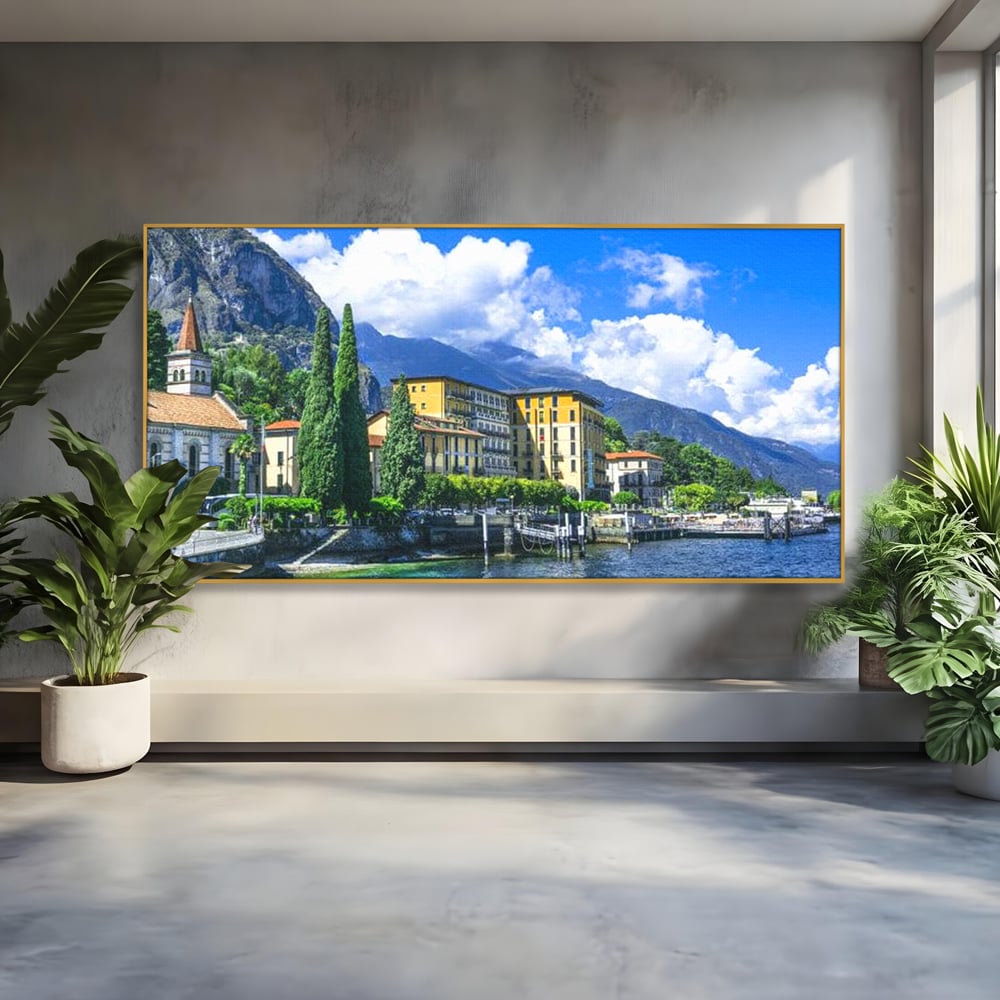 Tablou Canvas Premium, LuxCanva® O1059, Linistea Lacului Como, Riviera, Smarald, Alpin, Mediterana, Munti, Natura, Oaza, Lacustra, Soare, Serenitate, Azur, Vacanta, Creatie, Birou, Living, Dormitor