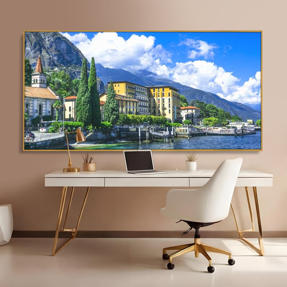 Tablou Canvas Premium, LuxCanva® O1059, Linistea Lacului Como, Riviera, Smarald, Alpin, Mediterana, Munti, Natura, Oaza, Lacustra, Soare, Serenitate, Azur, Vacanta, Creatie, Birou, Living, Dormitor