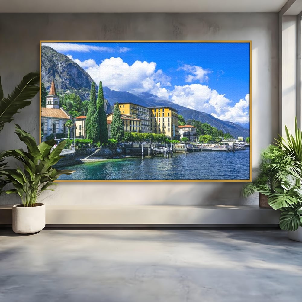 Tablou Canvas Premium, LuxCanva® O1059, Linistea Lacului Como, Riviera, Smarald, Alpin, Mediterana, Munti, Natura, Oaza, Lacustra, Soare, Serenitate, Azur, Vacanta, Creatie, Birou, Living, Dormitor