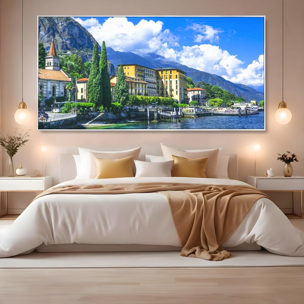 Tablou Canvas Premium, LuxCanva® O1059, Linistea Lacului Como, Riviera, Smarald, Alpin, Mediterana, Munti, Natura, Oaza, Lacustra, Soare, Serenitate, Azur, Vacanta, Creatie, Birou, Living, Dormitor