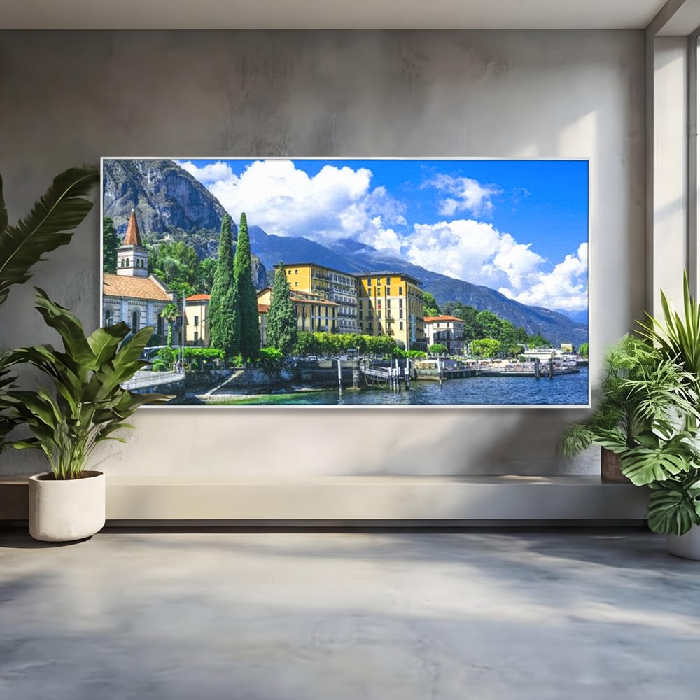 Tablou Canvas Premium, LuxCanva® O1059, Linistea Lacului Como, Riviera, Smarald, Alpin, Mediterana, Munti, Natura, Oaza, Lacustra, Soare, Serenitate, Azur, Vacanta, Creatie, Birou, Living, Dormitor