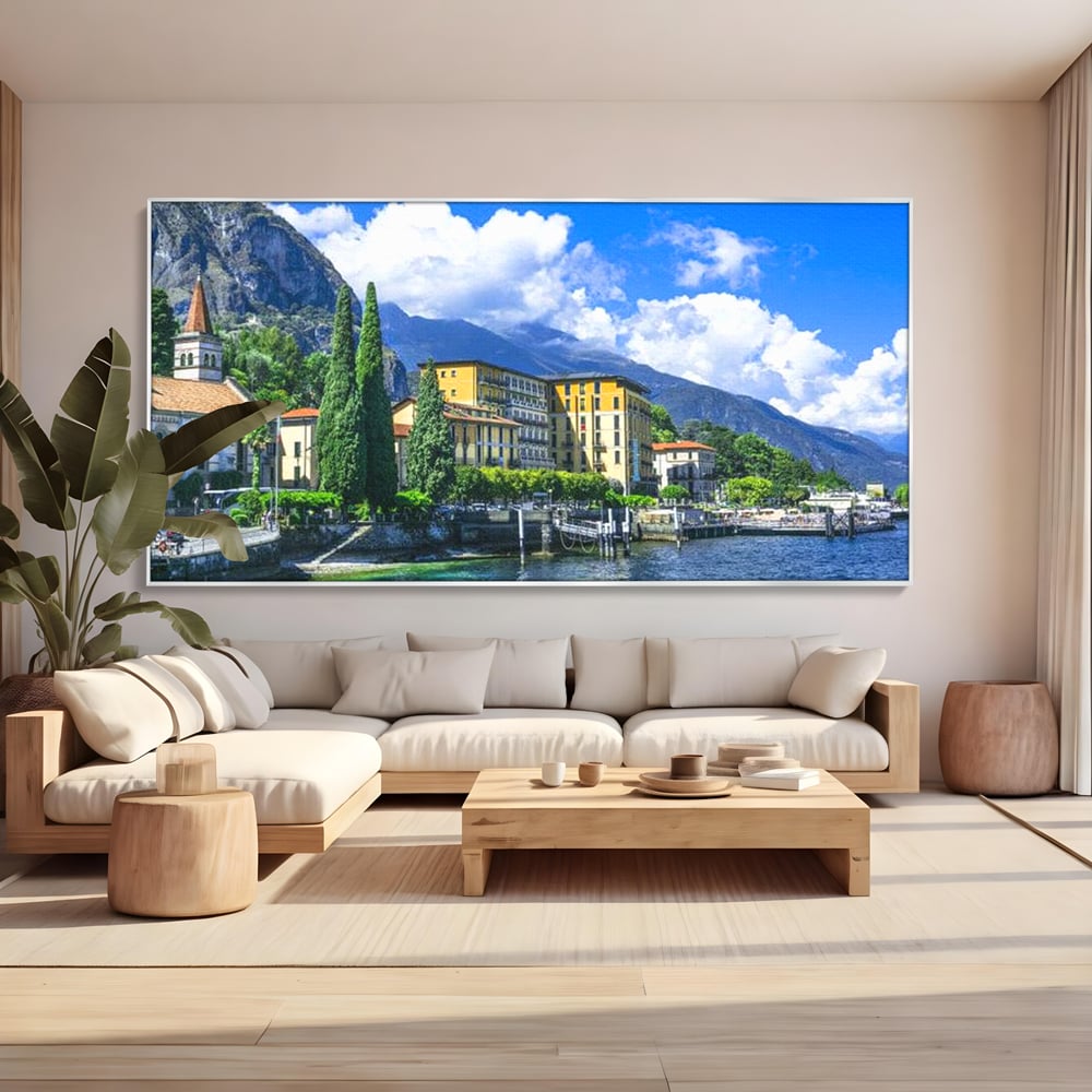 Tablou Canvas Premium, LuxCanva® O1059, Linistea Lacului Como, Riviera, Smarald, Alpin, Mediterana, Munti, Natura, Oaza, Lacustra, Soare, Serenitate, Azur, Vacanta, Creatie, Birou, Living, Dormitor