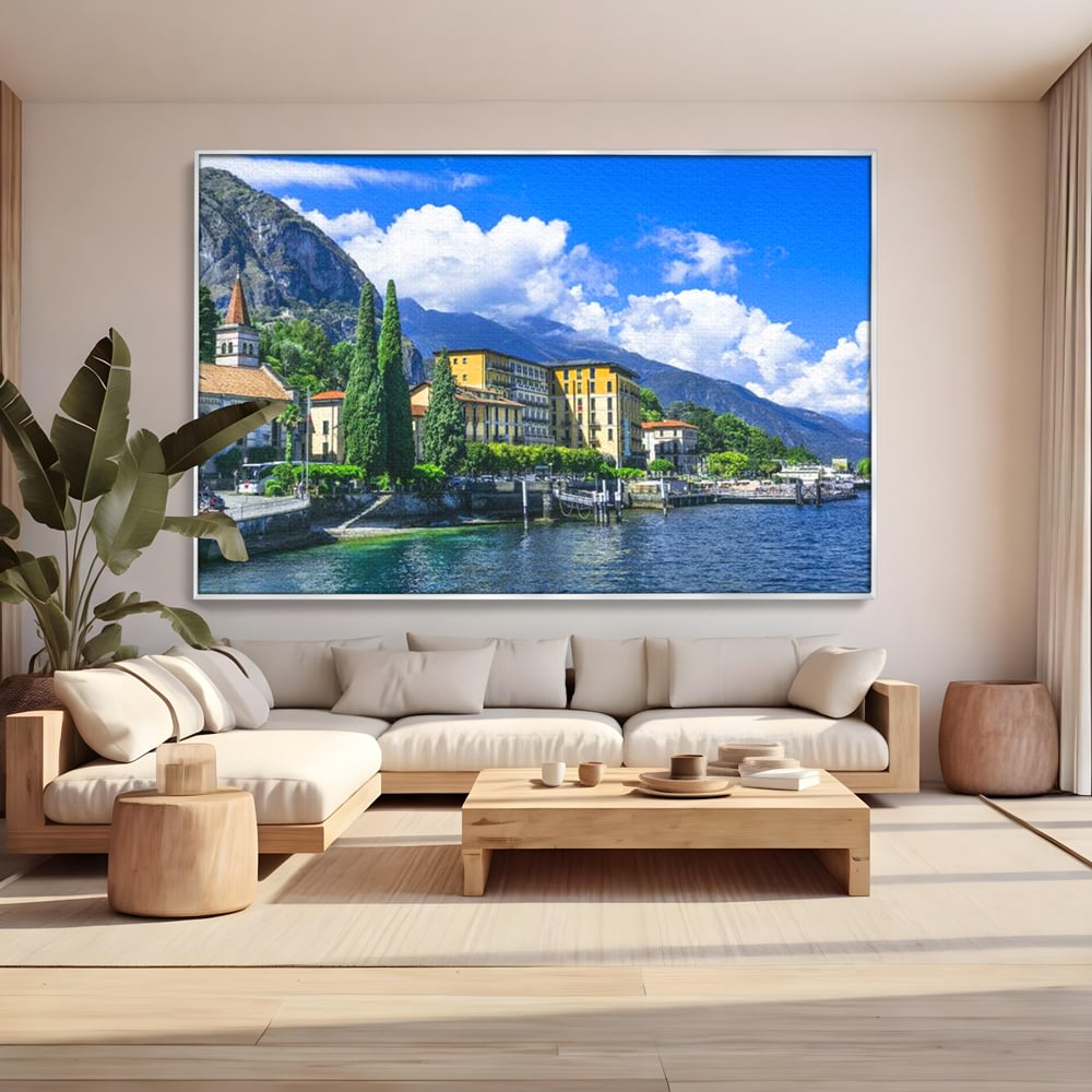 Tablou Canvas Premium, LuxCanva® O1059, Linistea Lacului Como, Riviera, Smarald, Alpin, Mediterana, Munti, Natura, Oaza, Lacustra, Soare, Serenitate, Azur, Vacanta, Creatie, Birou, Living, Dormitor