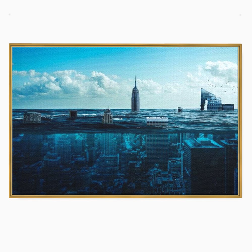 Tablou Canvas Premium, LuxCanva® O1060, Scufundarea Metropolei, Oras, Inecat, Ocean, Adancuri, Colaps, Valuri, Ruina, Eternitate, Abis, Fragil, Apus, New York, Cladiri, Ocean, Birou, Living, Dormitor