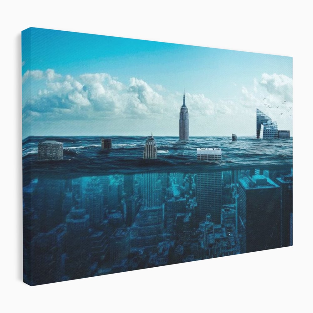 Tablou Canvas Premium, LuxCanva® O1060, Scufundarea Metropolei, Oras, Inecat, Ocean, Adancuri, Colaps, Valuri, Ruina, Eternitate, Abis, Fragil, Apus, New York, Cladiri, Ocean, Birou, Living, Dormitor