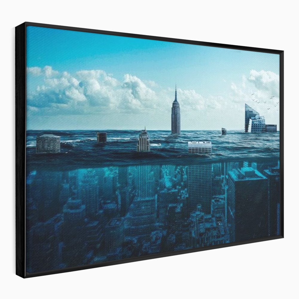 Tablou Canvas Premium, LuxCanva® O1060, Scufundarea Metropolei, Oras, Inecat, Ocean, Adancuri, Colaps, Valuri, Ruina, Eternitate, Abis, Fragil, Apus, New York, Cladiri, Ocean, Birou, Living, Dormitor