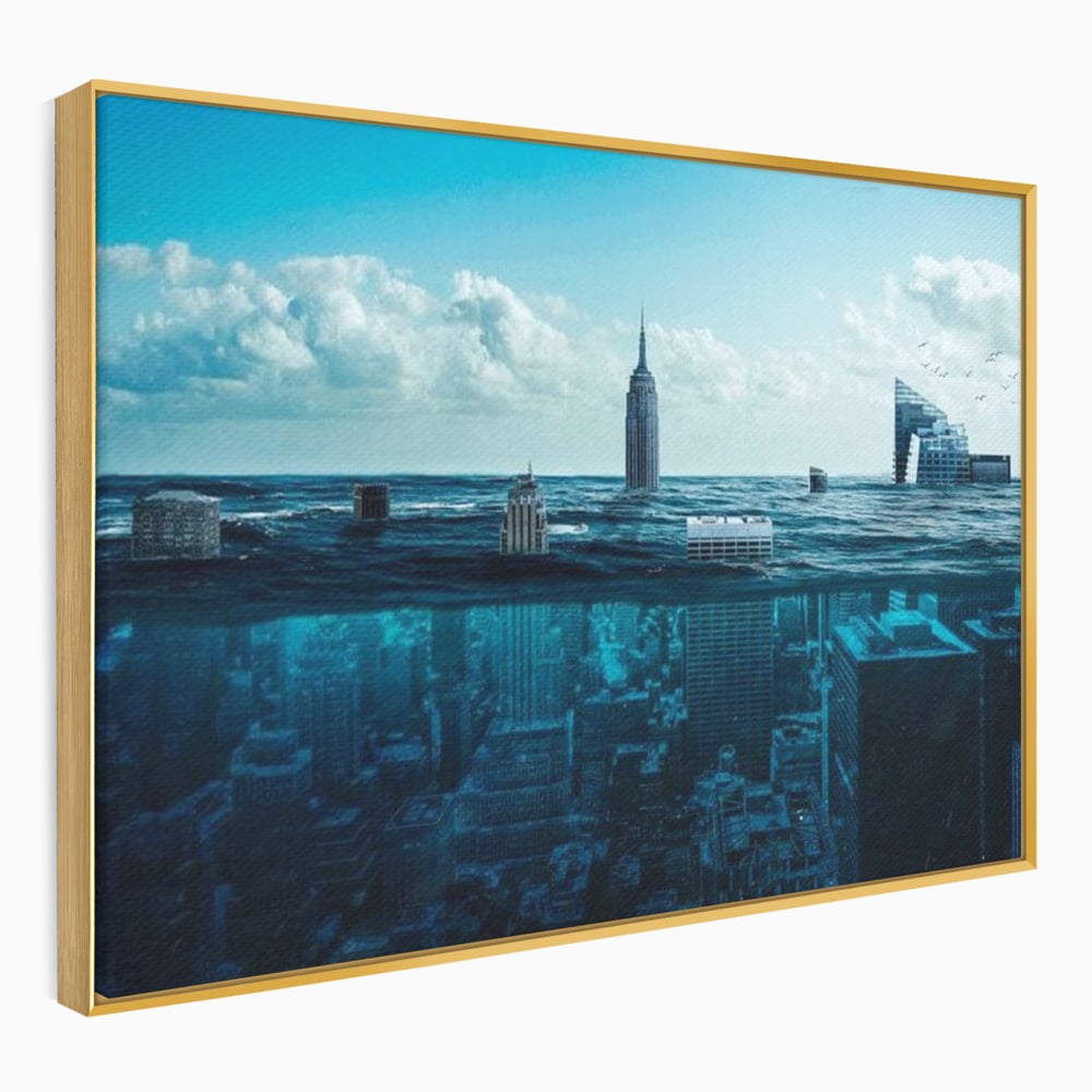 Tablou Canvas Premium, LuxCanva® O1060, Scufundarea Metropolei, Oras, Inecat, Ocean, Adancuri, Colaps, Valuri, Ruina, Eternitate, Abis, Fragil, Apus, New York, Cladiri, Ocean, Birou, Living, Dormitor