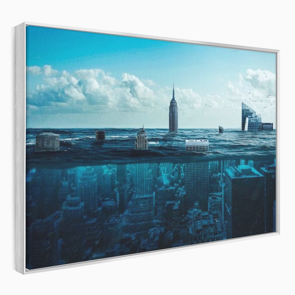 Tablou Canvas Premium, LuxCanva® O1060, Scufundarea Metropolei, Oras, Inecat, Ocean, Adancuri, Colaps, Valuri, Ruina, Eternitate, Abis, Fragil, Apus, New York, Cladiri, Ocean, Birou, Living, Dormitor