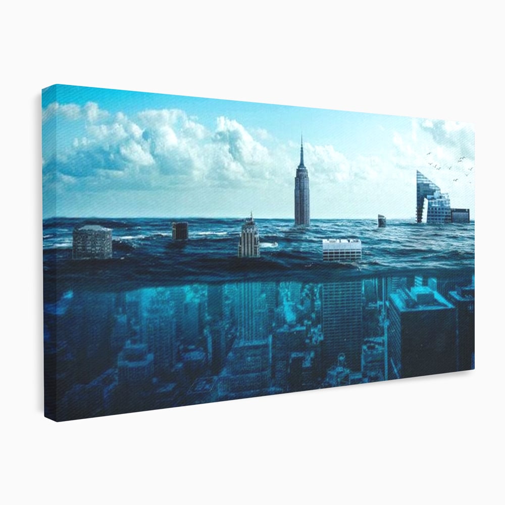 Tablou Canvas Premium, LuxCanva® O1060, Scufundarea Metropolei, Oras, Inecat, Ocean, Adancuri, Colaps, Valuri, Ruina, Eternitate, Abis, Fragil, Apus, New York, Cladiri, Ocean, Birou, Living, Dormitor