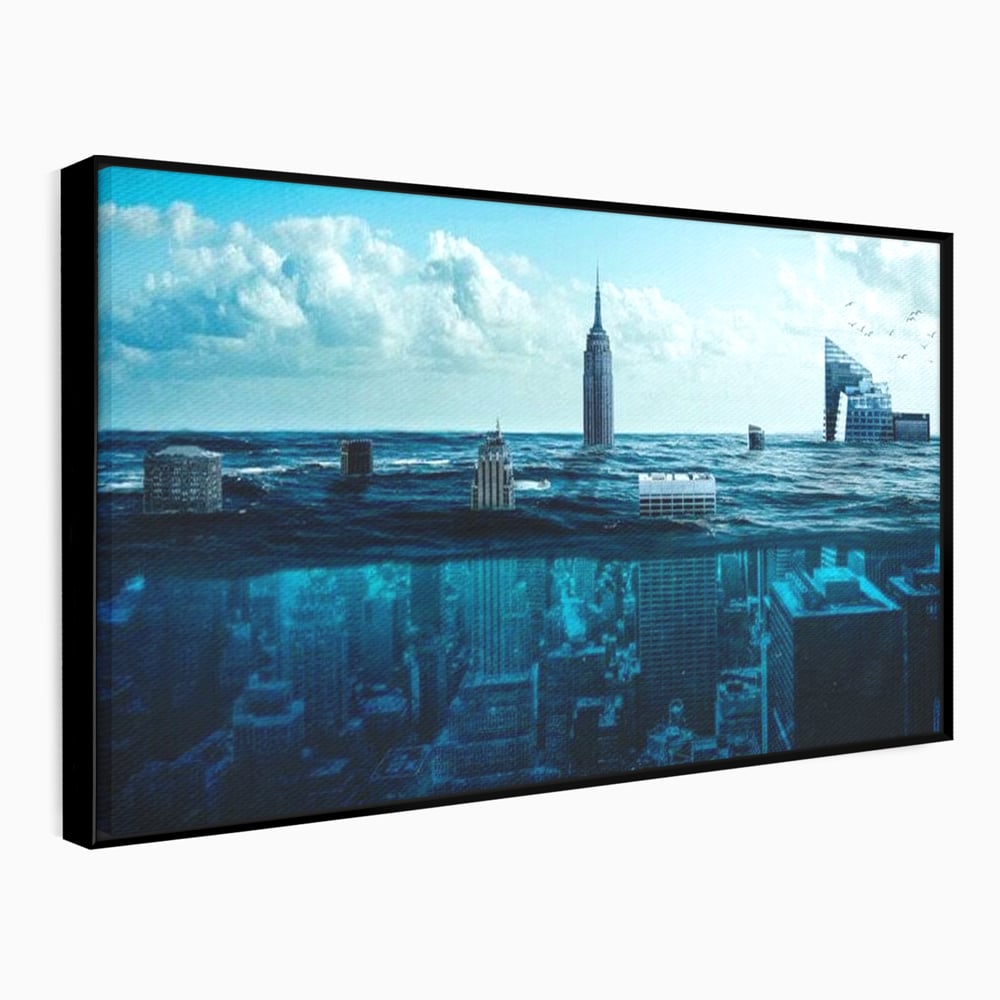 Tablou Canvas Premium, LuxCanva® O1060, Scufundarea Metropolei, Oras, Inecat, Ocean, Adancuri, Colaps, Valuri, Ruina, Eternitate, Abis, Fragil, Apus, New York, Cladiri, Ocean, Birou, Living, Dormitor