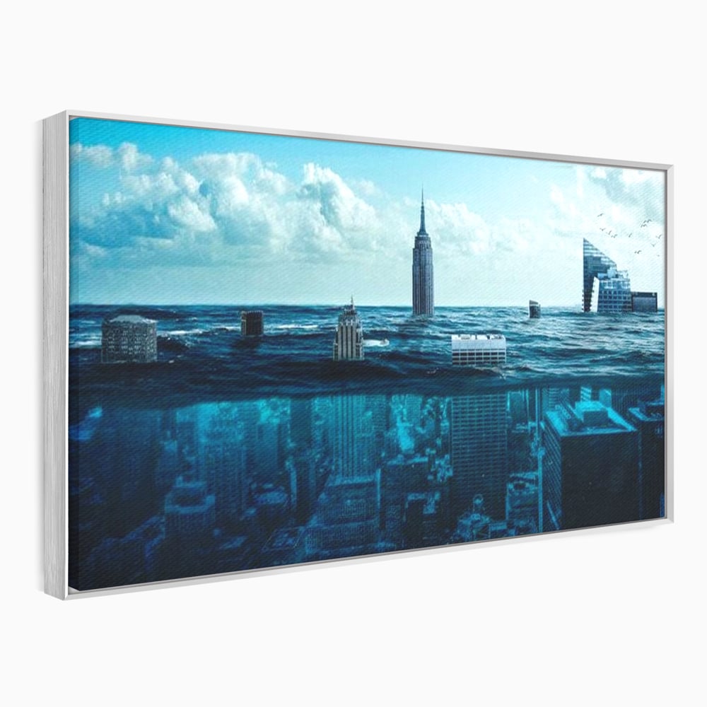 Tablou Canvas Premium, LuxCanva® O1060, Scufundarea Metropolei, Oras, Inecat, Ocean, Adancuri, Colaps, Valuri, Ruina, Eternitate, Abis, Fragil, Apus, New York, Cladiri, Ocean, Birou, Living, Dormitor