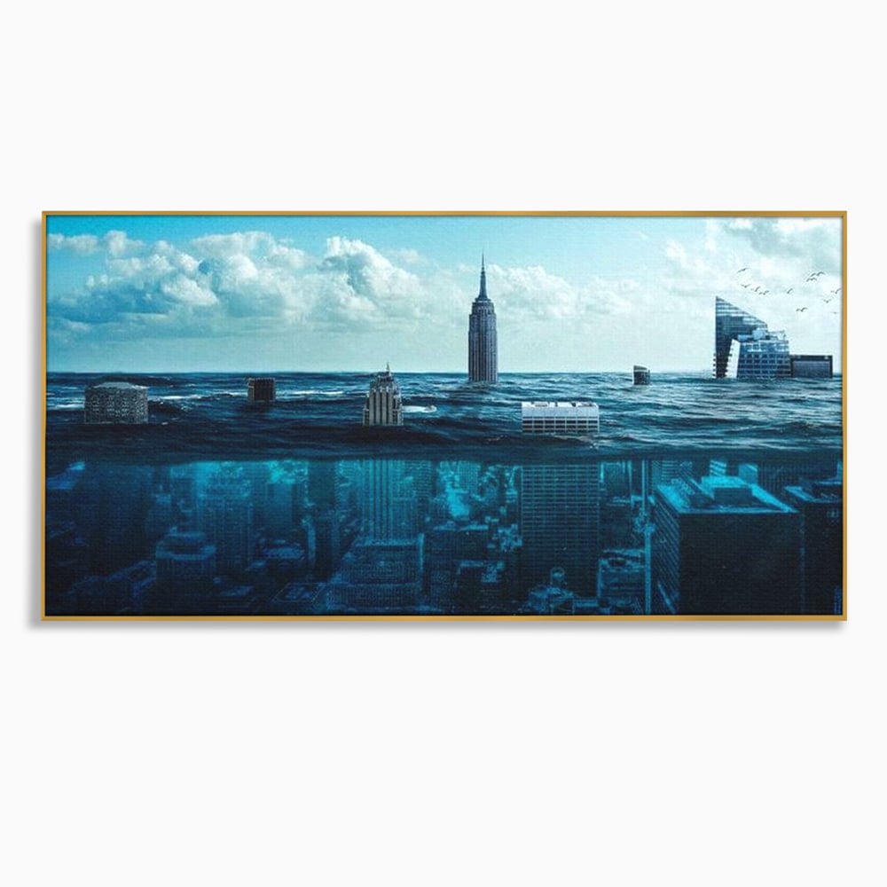 Tablou Canvas Premium, LuxCanva® O1060, Scufundarea Metropolei, Oras, Inecat, Ocean, Adancuri, Colaps, Valuri, Ruina, Eternitate, Abis, Fragil, Apus, New York, Cladiri, Ocean, Birou, Living, Dormitor