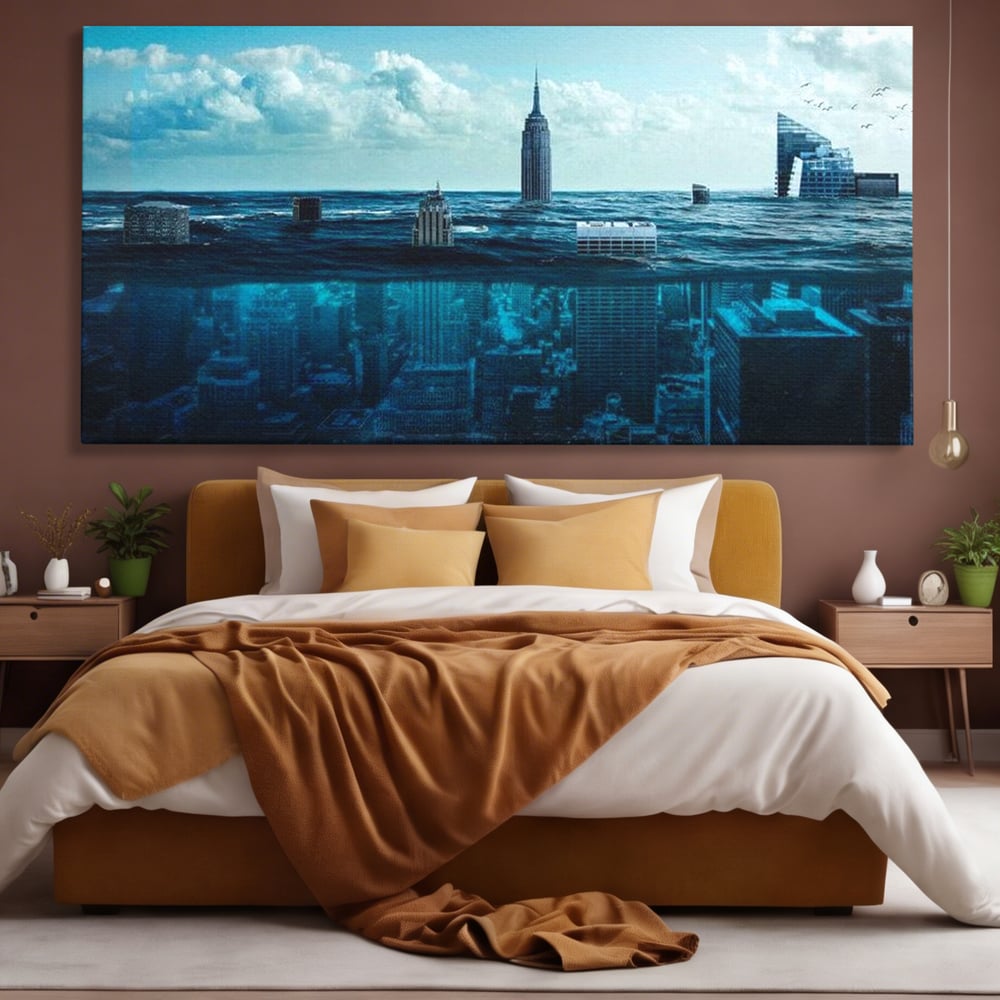 Tablou Canvas Premium, LuxCanva® O1060, Scufundarea Metropolei, Oras, Inecat, Ocean, Adancuri, Colaps, Valuri, Ruina, Eternitate, Abis, Fragil, Apus, New York, Cladiri, Ocean, Birou, Living, Dormitor