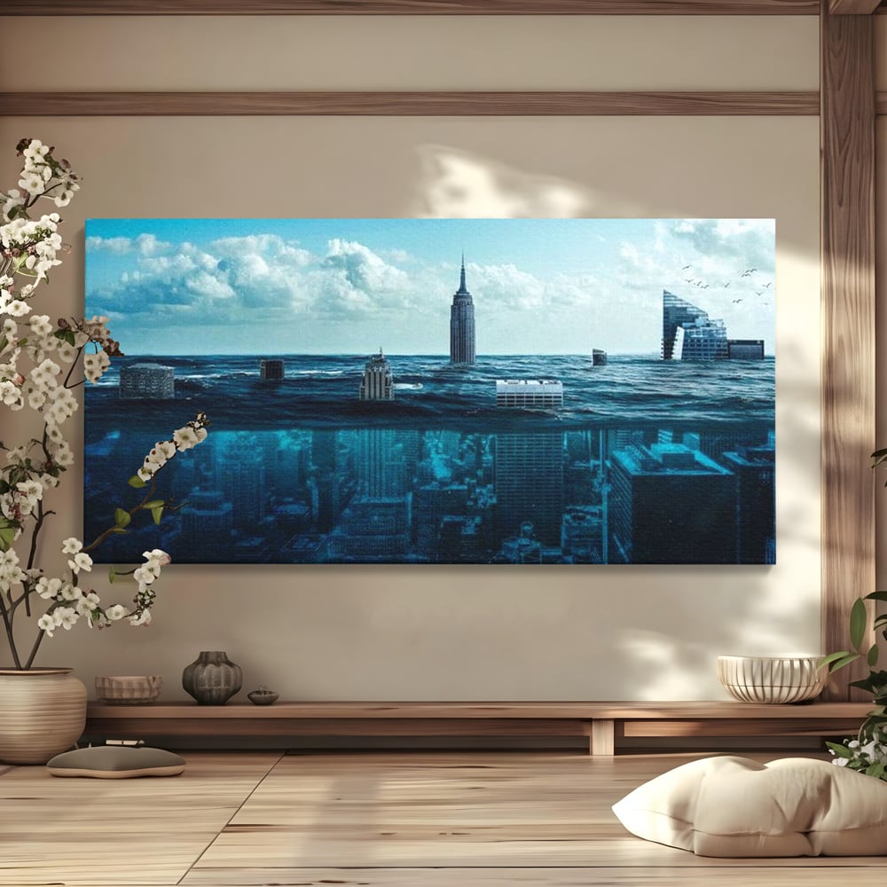 Tablou Canvas Premium, LuxCanva® O1060, Scufundarea Metropolei, Oras, Inecat, Ocean, Adancuri, Colaps, Valuri, Ruina, Eternitate, Abis, Fragil, Apus, New York, Cladiri, Ocean, Birou, Living, Dormitor