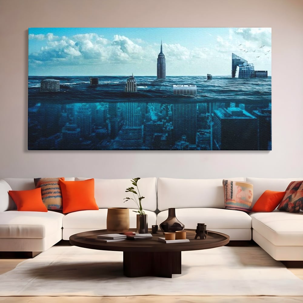 Tablou Canvas Premium, LuxCanva® O1060, Scufundarea Metropolei, Oras, Inecat, Ocean, Adancuri, Colaps, Valuri, Ruina, Eternitate, Abis, Fragil, Apus, New York, Cladiri, Ocean, Birou, Living, Dormitor