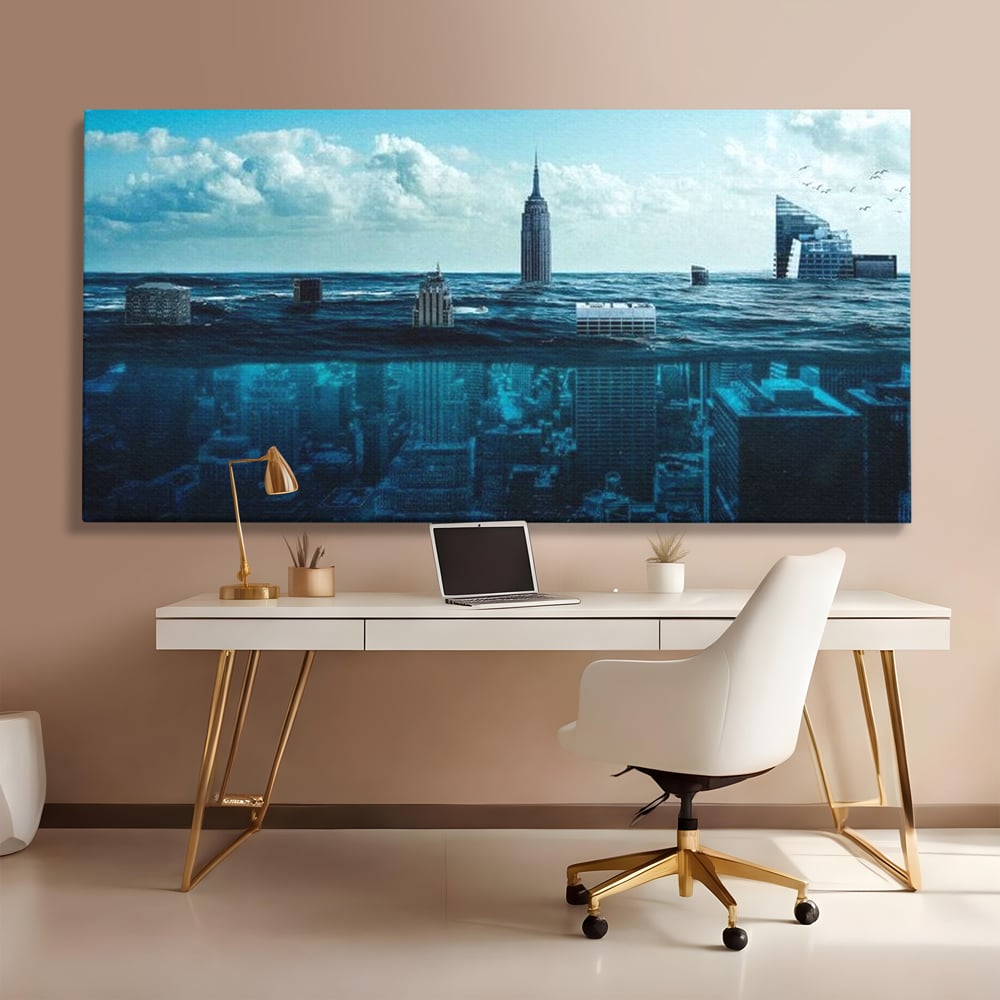 Tablou Canvas Premium, LuxCanva® O1060, Scufundarea Metropolei, Oras, Inecat, Ocean, Adancuri, Colaps, Valuri, Ruina, Eternitate, Abis, Fragil, Apus, New York, Cladiri, Ocean, Birou, Living, Dormitor