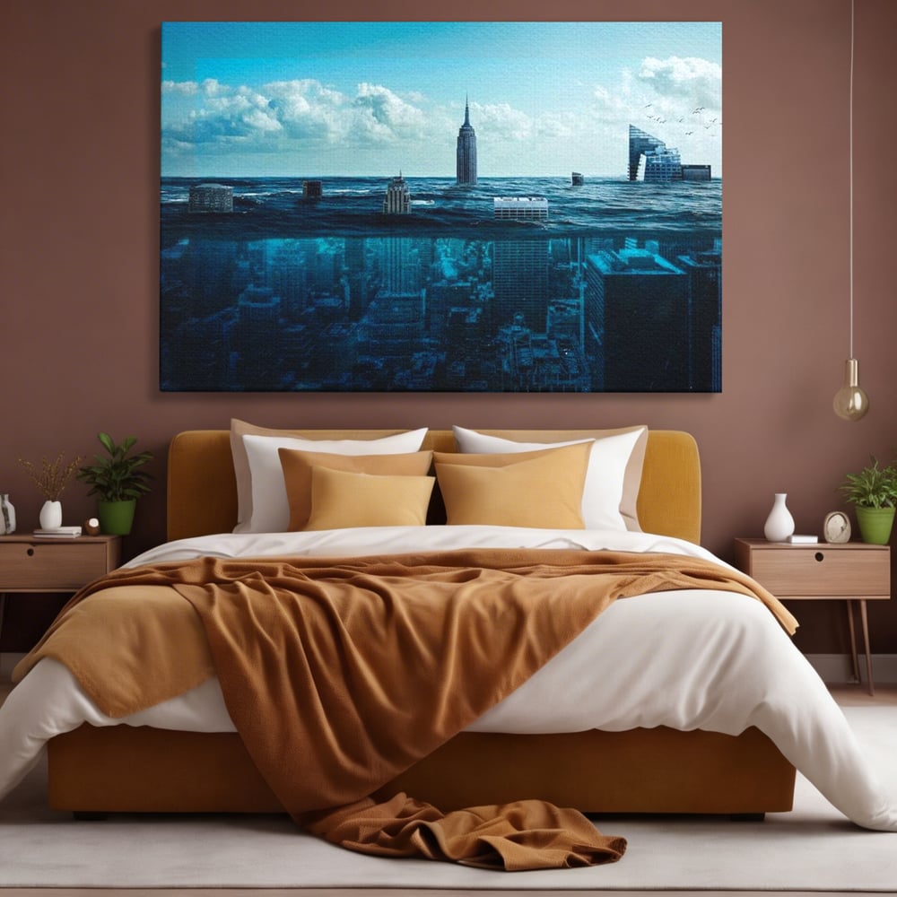 Tablou Canvas Premium, LuxCanva® O1060, Scufundarea Metropolei, Oras, Inecat, Ocean, Adancuri, Colaps, Valuri, Ruina, Eternitate, Abis, Fragil, Apus, New York, Cladiri, Ocean, Birou, Living, Dormitor