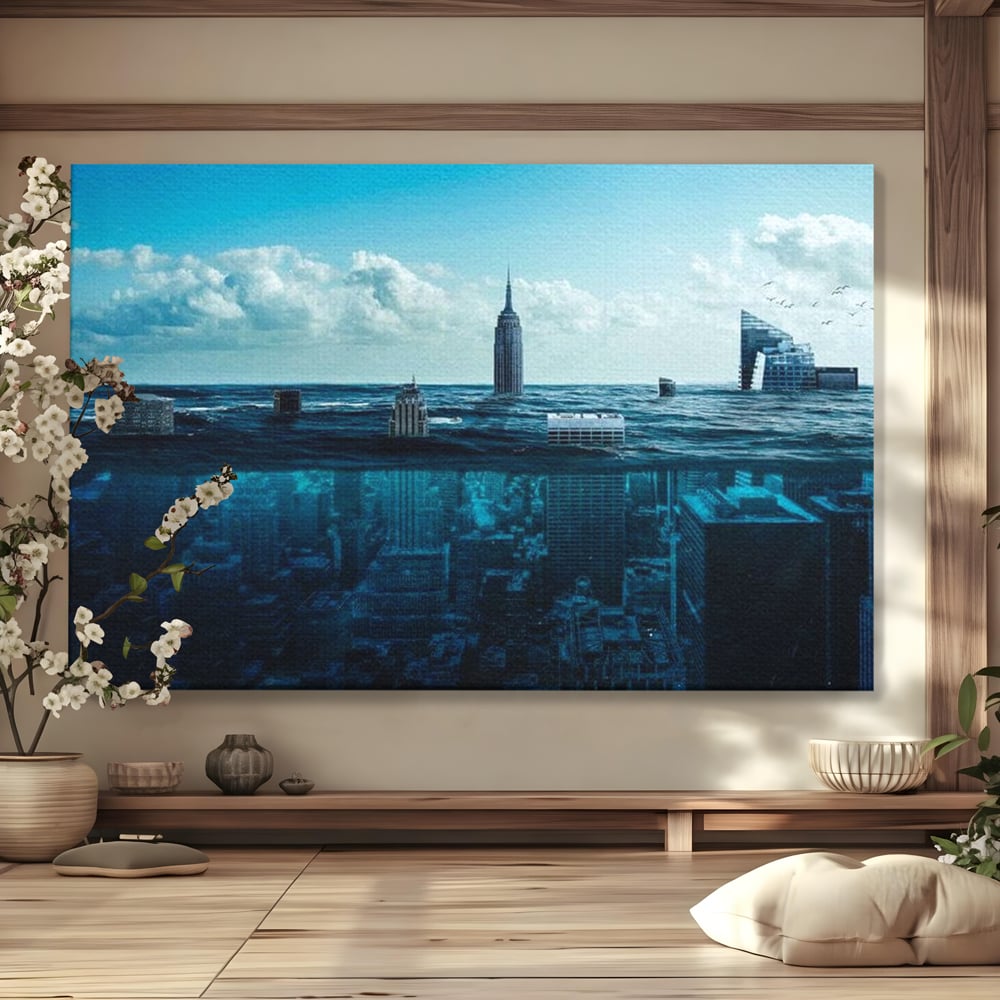 Tablou Canvas Premium, LuxCanva® O1060, Scufundarea Metropolei, Oras, Inecat, Ocean, Adancuri, Colaps, Valuri, Ruina, Eternitate, Abis, Fragil, Apus, New York, Cladiri, Ocean, Birou, Living, Dormitor