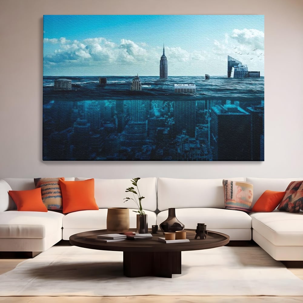Tablou Canvas Premium, LuxCanva® O1060, Scufundarea Metropolei, Oras, Inecat, Ocean, Adancuri, Colaps, Valuri, Ruina, Eternitate, Abis, Fragil, Apus, New York, Cladiri, Ocean, Birou, Living, Dormitor