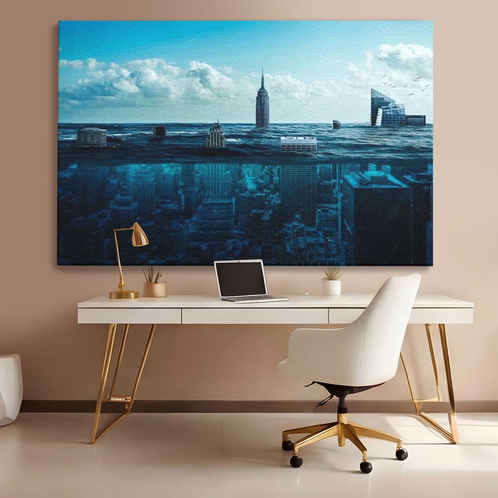 Tablou Canvas Premium, LuxCanva® O1060, Scufundarea Metropolei, Oras, Inecat, Ocean, Adancuri, Colaps, Valuri, Ruina, Eternitate, Abis, Fragil, Apus, New York, Cladiri, Ocean, Birou, Living, Dormitor