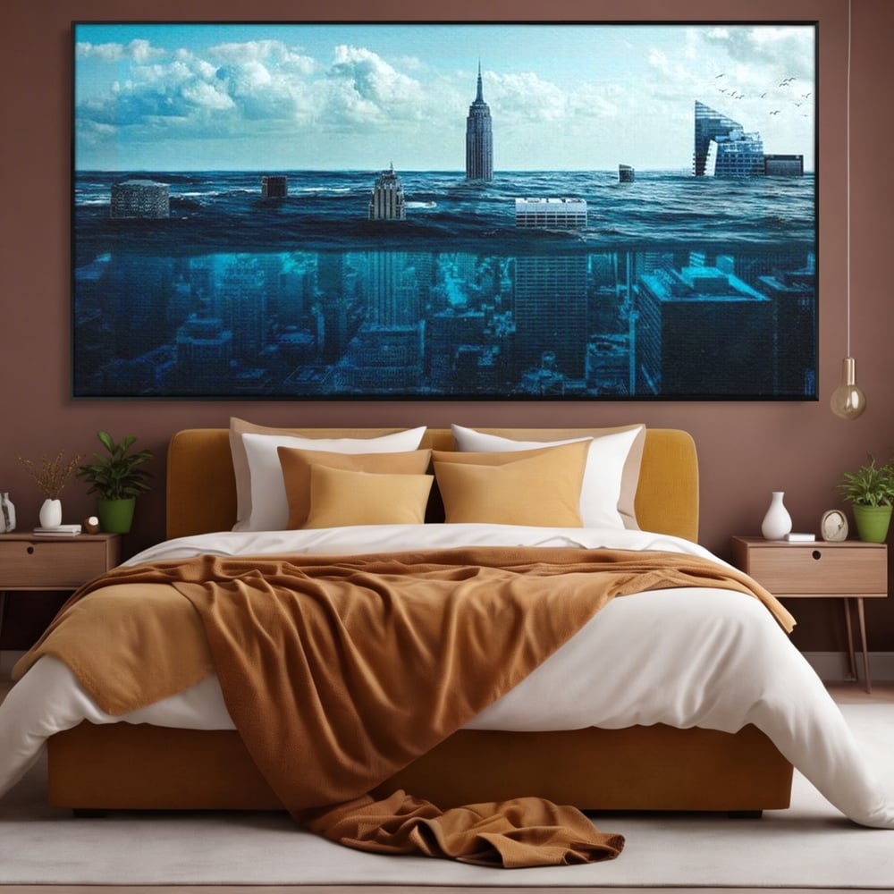 Tablou Canvas Premium, LuxCanva® O1060, Scufundarea Metropolei, Oras, Inecat, Ocean, Adancuri, Colaps, Valuri, Ruina, Eternitate, Abis, Fragil, Apus, New York, Cladiri, Ocean, Birou, Living, Dormitor