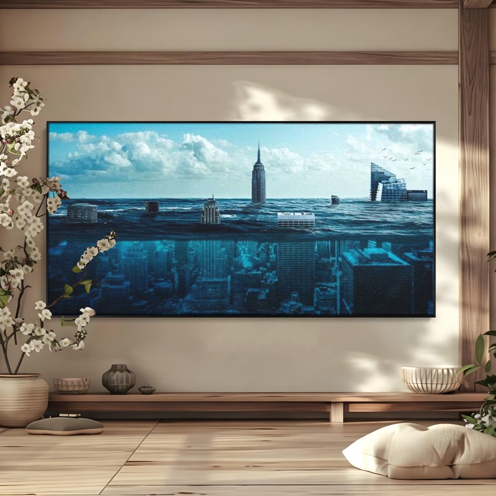 Tablou Canvas Premium, LuxCanva® O1060, Scufundarea Metropolei, Oras, Inecat, Ocean, Adancuri, Colaps, Valuri, Ruina, Eternitate, Abis, Fragil, Apus, New York, Cladiri, Ocean, Birou, Living, Dormitor
