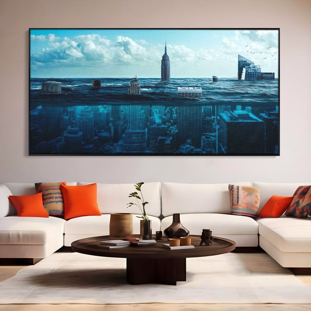 Tablou Canvas Premium, LuxCanva® O1060, Scufundarea Metropolei, Oras, Inecat, Ocean, Adancuri, Colaps, Valuri, Ruina, Eternitate, Abis, Fragil, Apus, New York, Cladiri, Ocean, Birou, Living, Dormitor