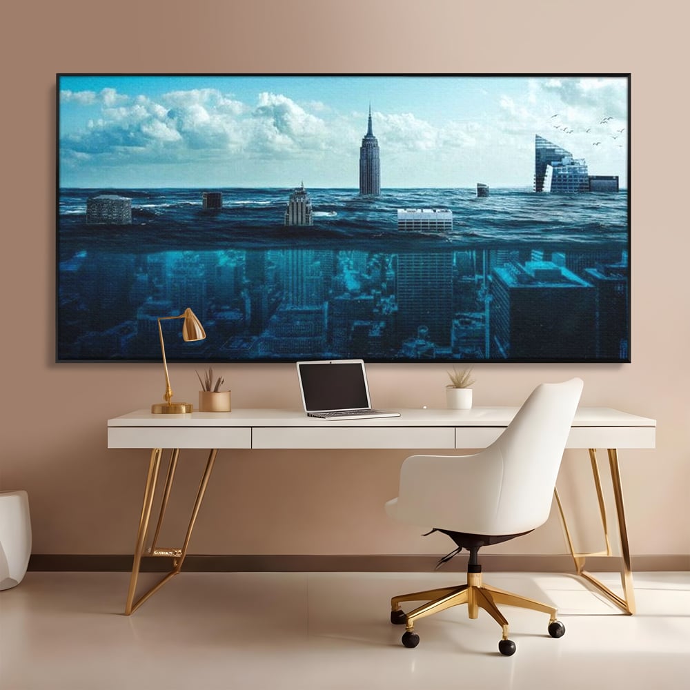 Tablou Canvas Premium, LuxCanva® O1060, Scufundarea Metropolei, Oras, Inecat, Ocean, Adancuri, Colaps, Valuri, Ruina, Eternitate, Abis, Fragil, Apus, New York, Cladiri, Ocean, Birou, Living, Dormitor