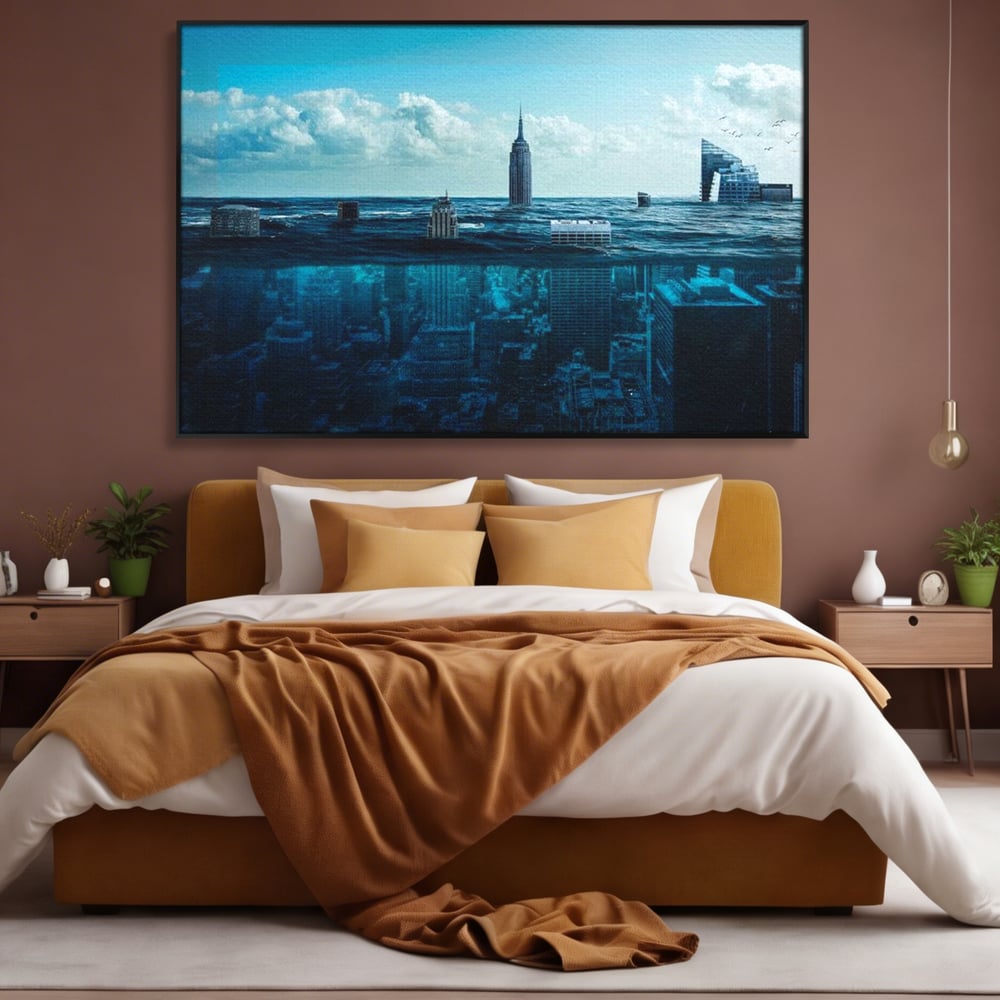 Tablou Canvas Premium, LuxCanva® O1060, Scufundarea Metropolei, Oras, Inecat, Ocean, Adancuri, Colaps, Valuri, Ruina, Eternitate, Abis, Fragil, Apus, New York, Cladiri, Ocean, Birou, Living, Dormitor