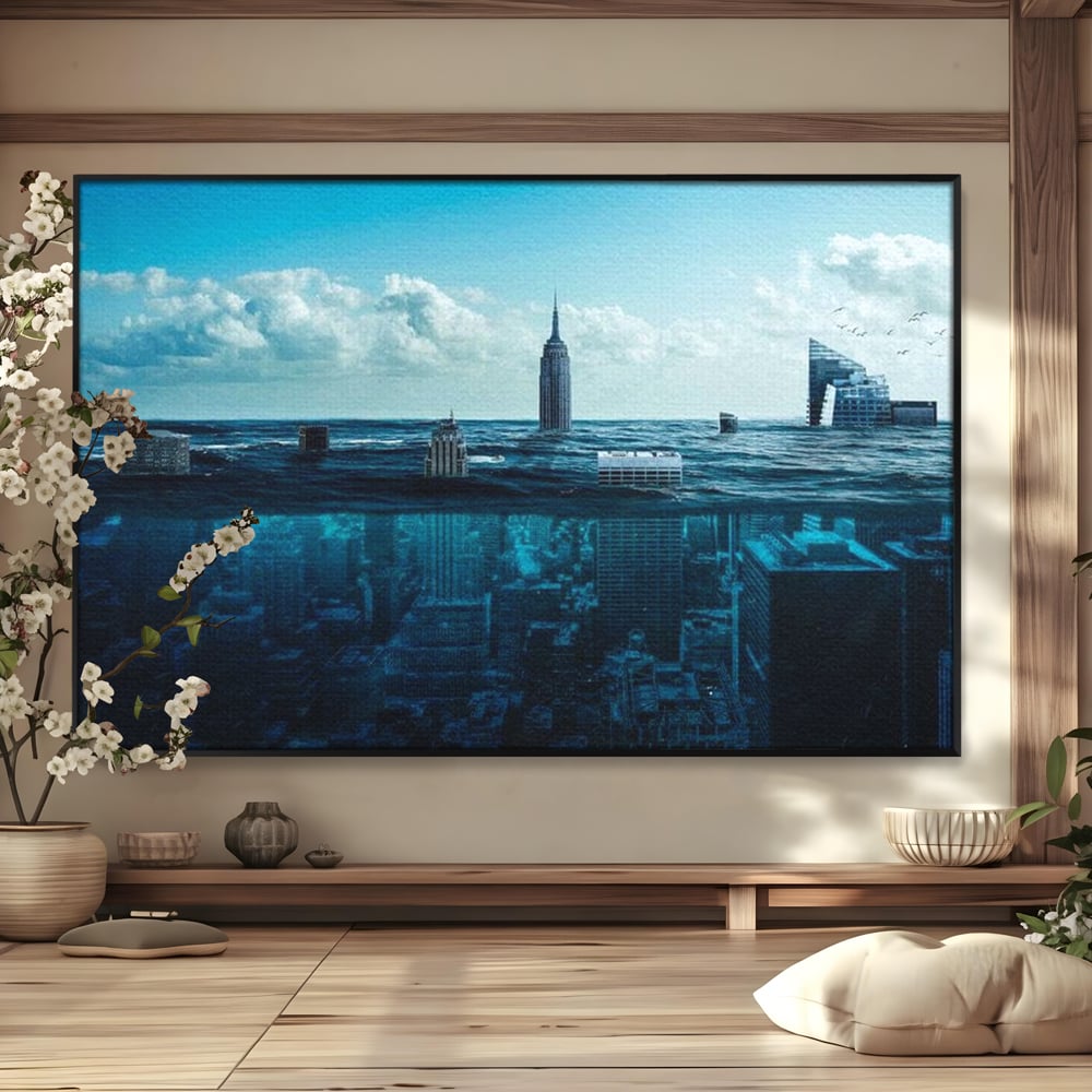 Tablou Canvas Premium, LuxCanva® O1060, Scufundarea Metropolei, Oras, Inecat, Ocean, Adancuri, Colaps, Valuri, Ruina, Eternitate, Abis, Fragil, Apus, New York, Cladiri, Ocean, Birou, Living, Dormitor