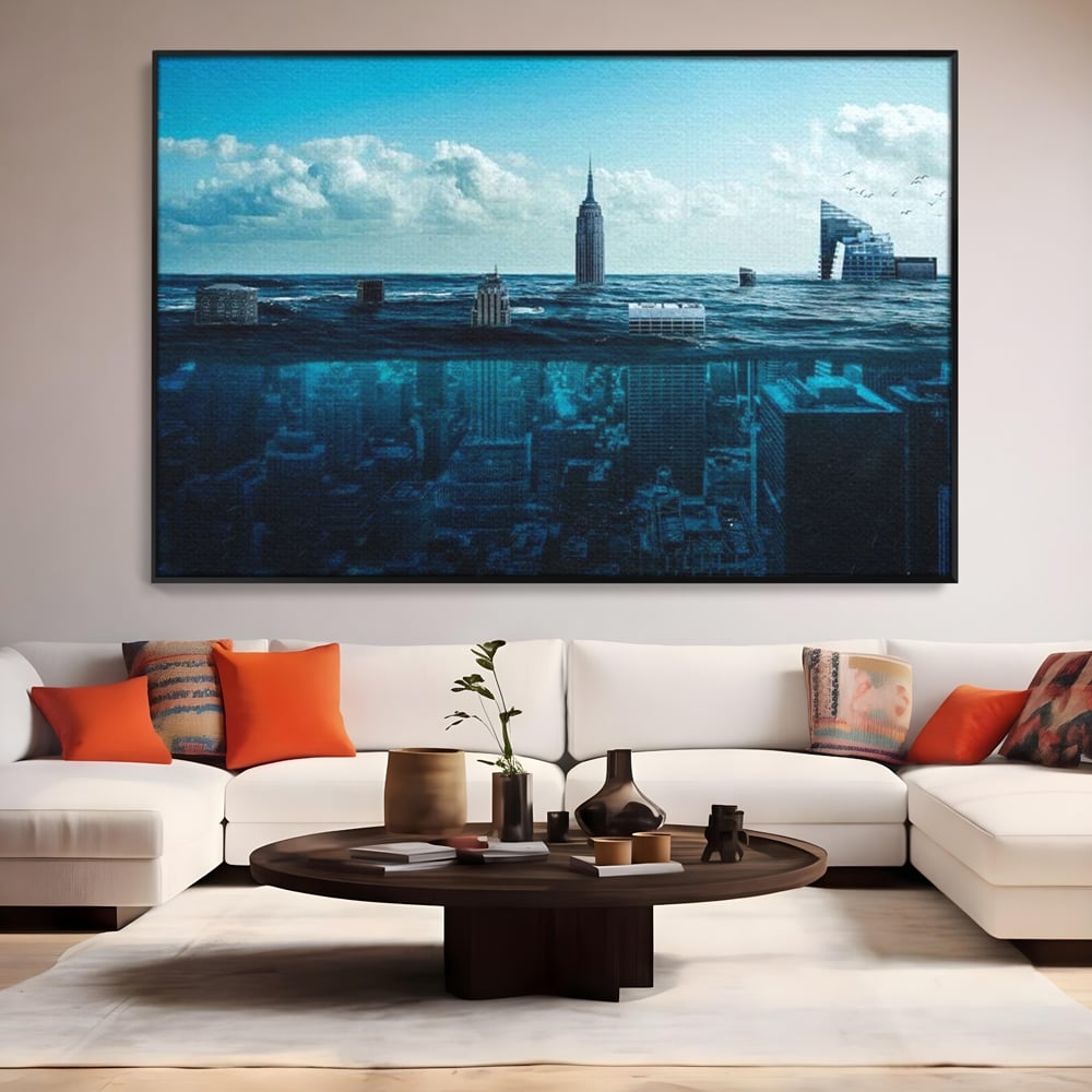 Tablou Canvas Premium, LuxCanva® O1060, Scufundarea Metropolei, Oras, Inecat, Ocean, Adancuri, Colaps, Valuri, Ruina, Eternitate, Abis, Fragil, Apus, New York, Cladiri, Ocean, Birou, Living, Dormitor