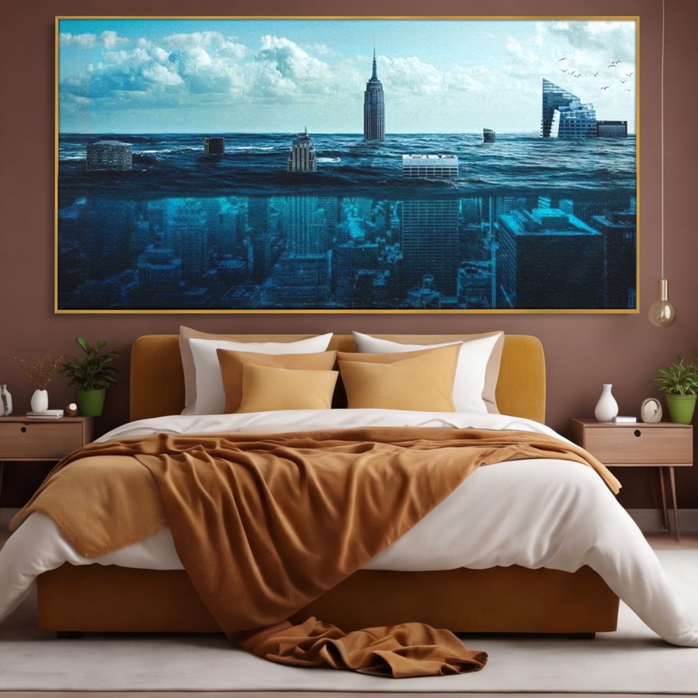 Tablou Canvas Premium, LuxCanva® O1060, Scufundarea Metropolei, Oras, Inecat, Ocean, Adancuri, Colaps, Valuri, Ruina, Eternitate, Abis, Fragil, Apus, New York, Cladiri, Ocean, Birou, Living, Dormitor