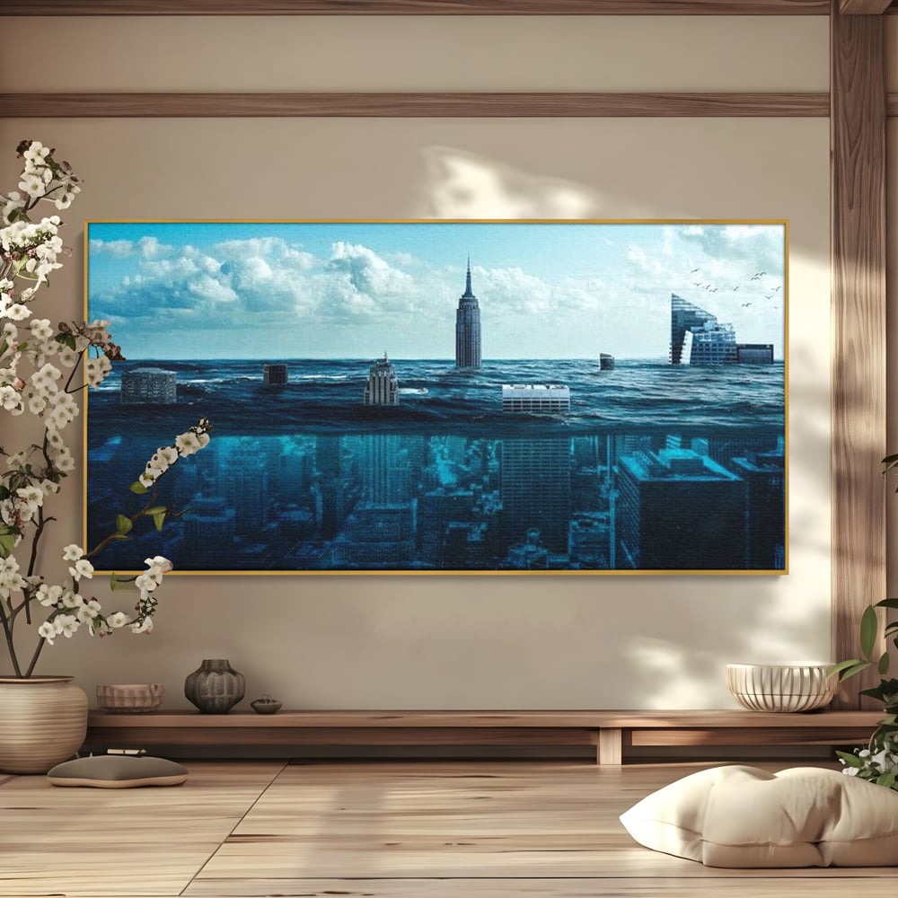 Tablou Canvas Premium, LuxCanva® O1060, Scufundarea Metropolei, Oras, Inecat, Ocean, Adancuri, Colaps, Valuri, Ruina, Eternitate, Abis, Fragil, Apus, New York, Cladiri, Ocean, Birou, Living, Dormitor