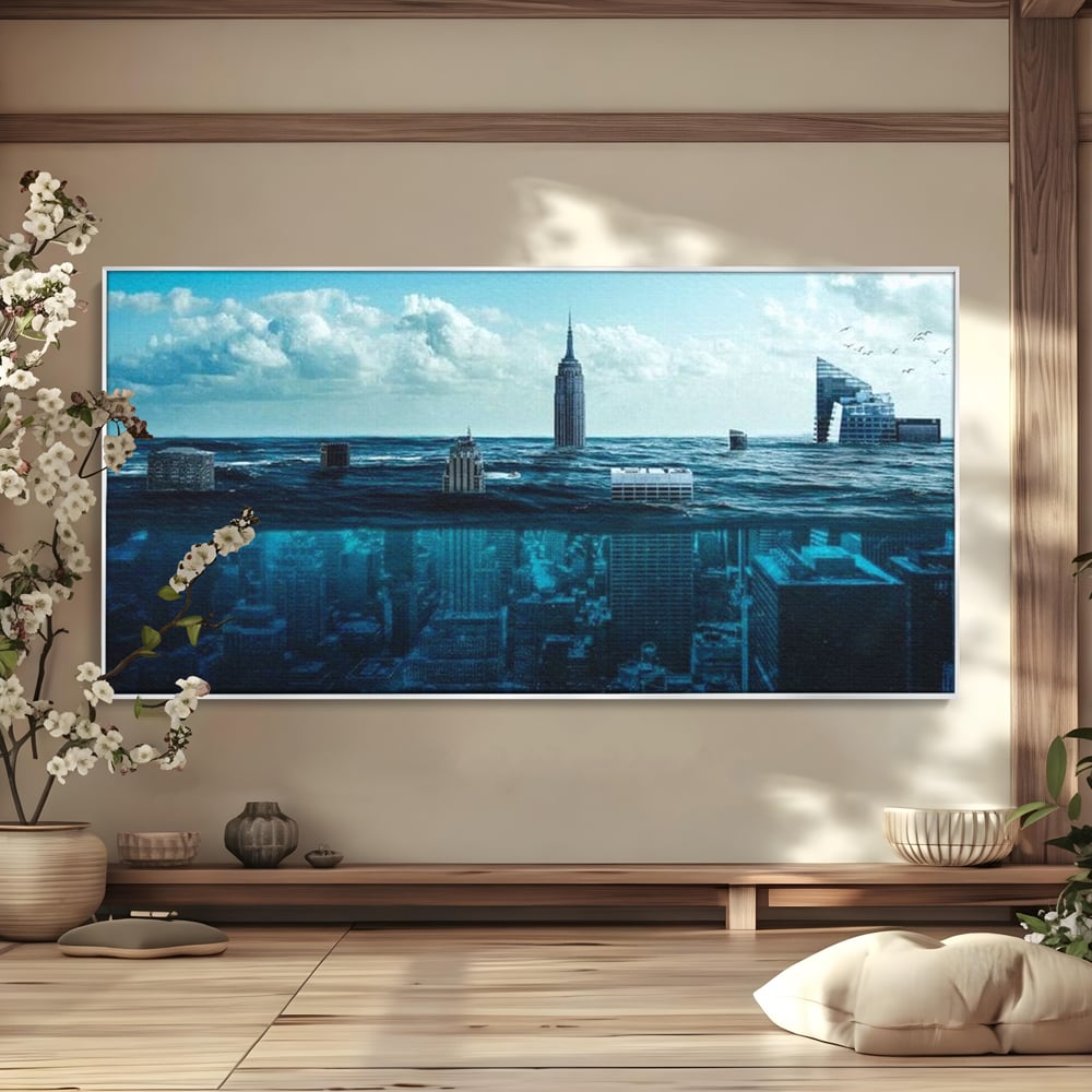 Tablou Canvas Premium, LuxCanva® O1060, Scufundarea Metropolei, Oras, Inecat, Ocean, Adancuri, Colaps, Valuri, Ruina, Eternitate, Abis, Fragil, Apus, New York, Cladiri, Ocean, Birou, Living, Dormitor