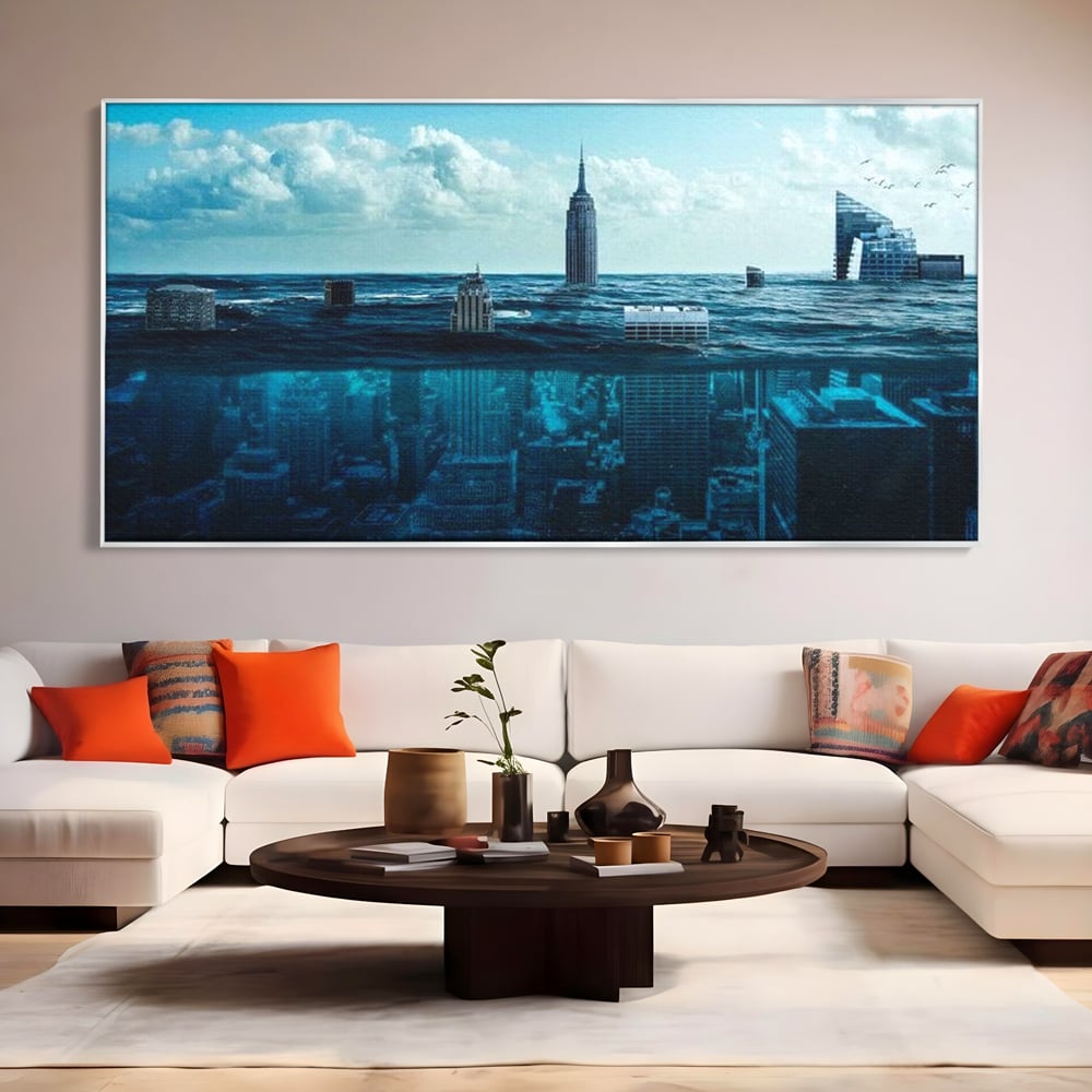 Tablou Canvas Premium, LuxCanva® O1060, Scufundarea Metropolei, Oras, Inecat, Ocean, Adancuri, Colaps, Valuri, Ruina, Eternitate, Abis, Fragil, Apus, New York, Cladiri, Ocean, Birou, Living, Dormitor