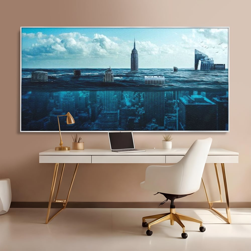 Tablou Canvas Premium, LuxCanva® O1060, Scufundarea Metropolei, Oras, Inecat, Ocean, Adancuri, Colaps, Valuri, Ruina, Eternitate, Abis, Fragil, Apus, New York, Cladiri, Ocean, Birou, Living, Dormitor