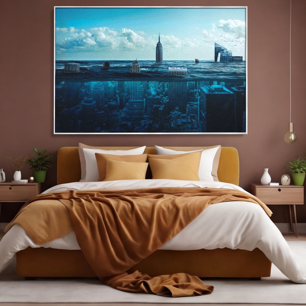 Tablou Canvas Premium, LuxCanva® O1060, Scufundarea Metropolei, Oras, Inecat, Ocean, Adancuri, Colaps, Valuri, Ruina, Eternitate, Abis, Fragil, Apus, New York, Cladiri, Ocean, Birou, Living, Dormitor