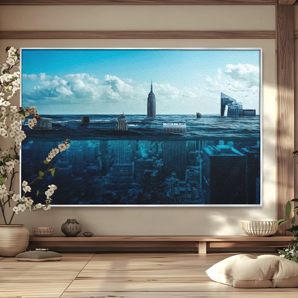 Tablou Canvas Premium, LuxCanva® O1060, Scufundarea Metropolei, Oras, Inecat, Ocean, Adancuri, Colaps, Valuri, Ruina, Eternitate, Abis, Fragil, Apus, New York, Cladiri, Ocean, Birou, Living, Dormitor