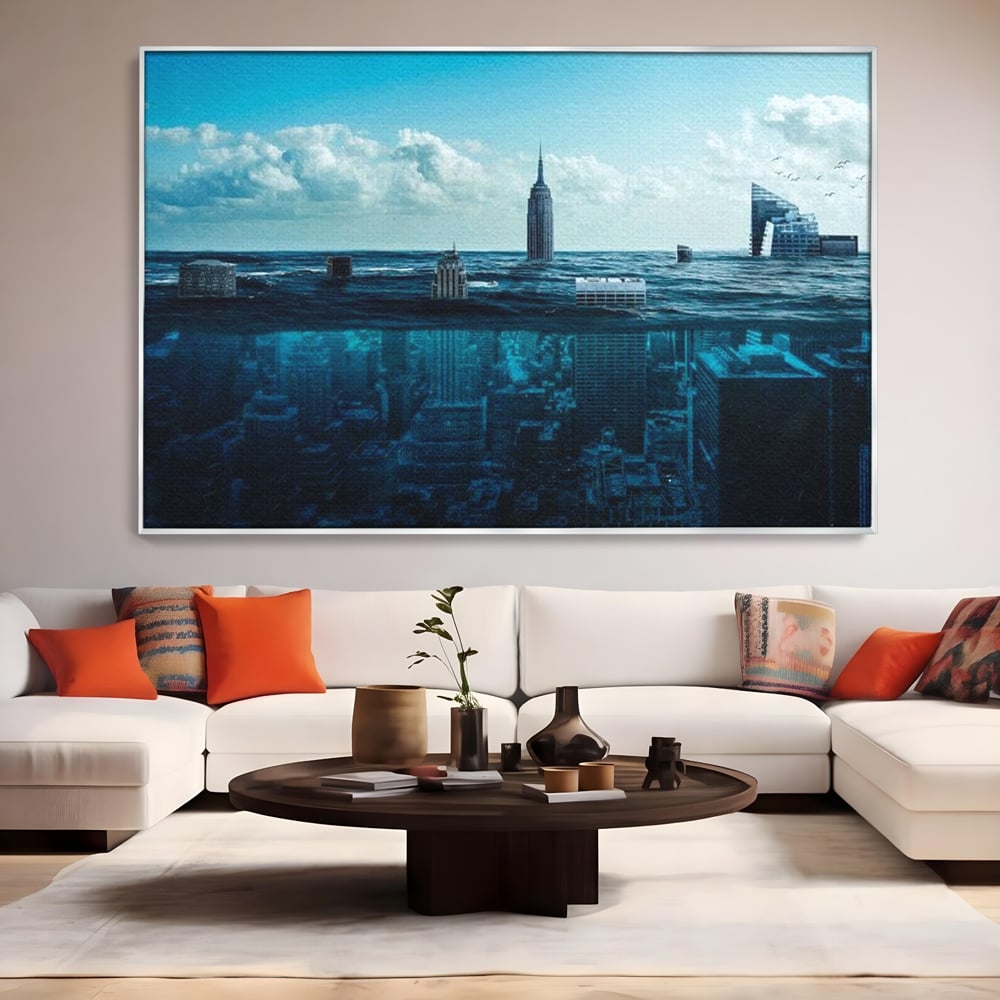 Tablou Canvas Premium, LuxCanva® O1060, Scufundarea Metropolei, Oras, Inecat, Ocean, Adancuri, Colaps, Valuri, Ruina, Eternitate, Abis, Fragil, Apus, New York, Cladiri, Ocean, Birou, Living, Dormitor
