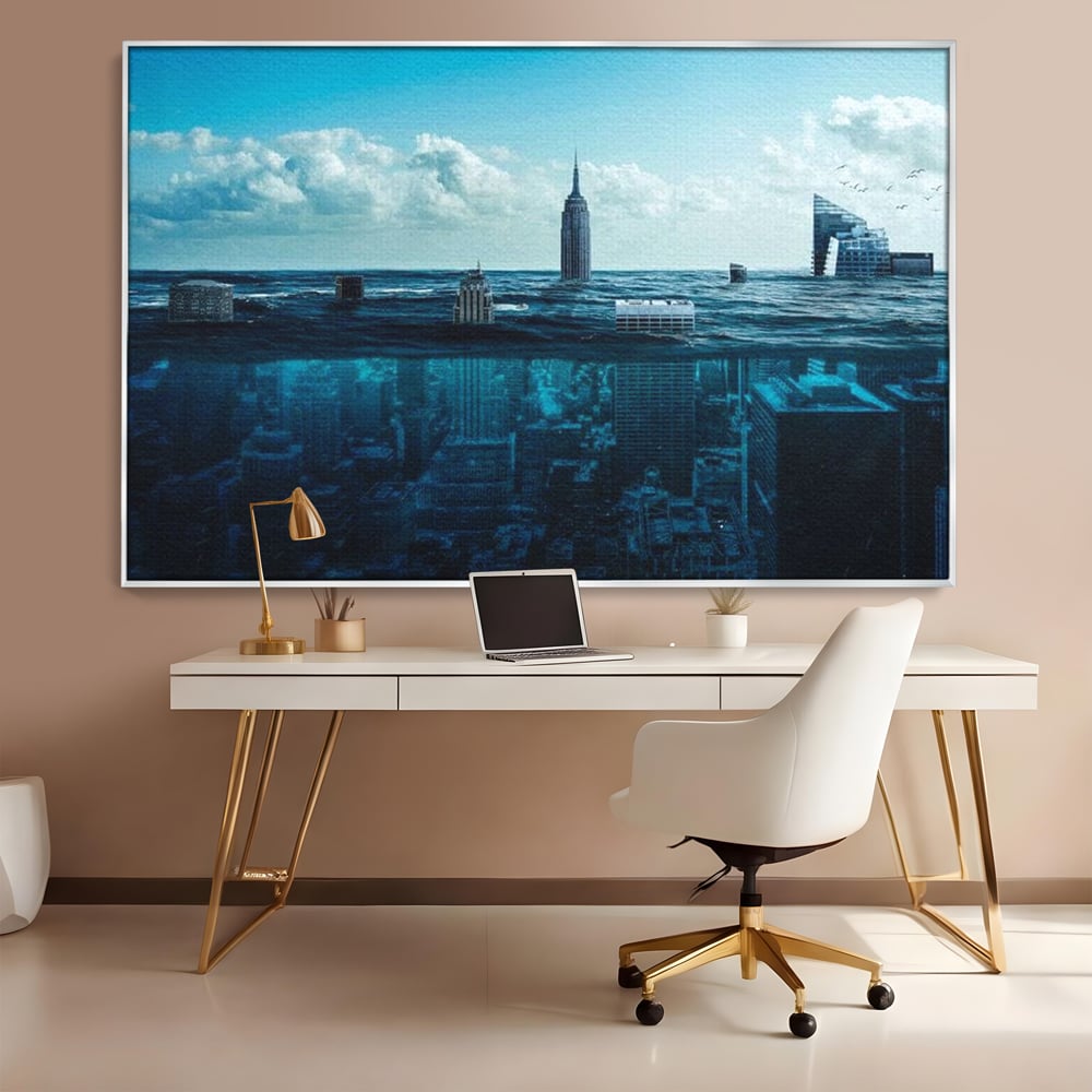 Tablou Canvas Premium, LuxCanva® O1060, Scufundarea Metropolei, Oras, Inecat, Ocean, Adancuri, Colaps, Valuri, Ruina, Eternitate, Abis, Fragil, Apus, New York, Cladiri, Ocean, Birou, Living, Dormitor