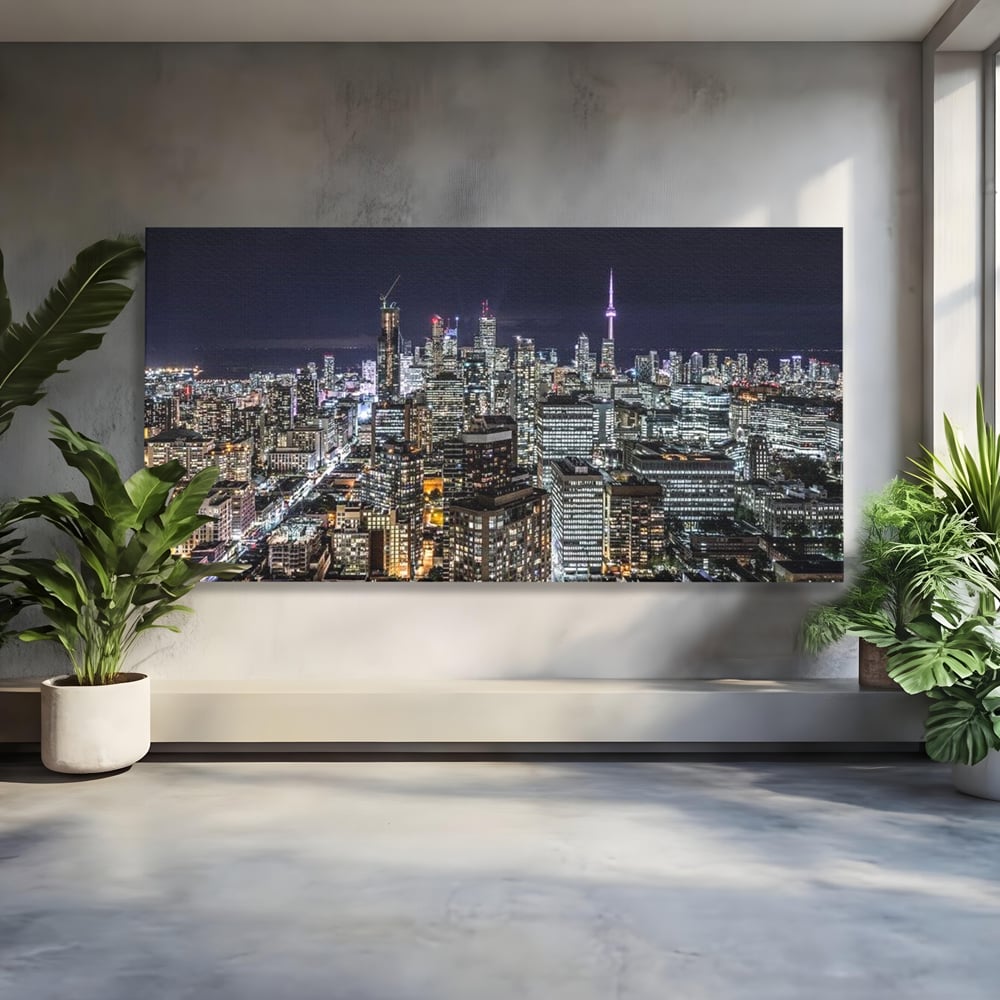 Tablou Canvas Premium, LuxCanva® O1061, Orasul in Mii de Ferestre, Toronto, Canada, Glob, Lumina, Cristal, Apogeu, Otel, Neon, Stele, Puls, Electric, Visare, Vacanta, Privitor, Birou, Living, Dormitor