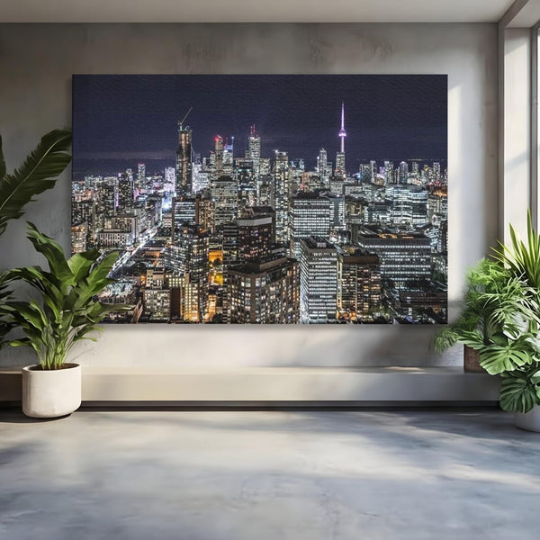 Tablou Canvas Premium, LuxCanva® O1061, Orasul in Mii de Ferestre, Toronto, Canada, Glob, Lumina, Cristal, Apogeu, Otel, Neon, Stele, Puls, Electric, Visare, Vacanta, Privitor, Birou, Living, Dormitor