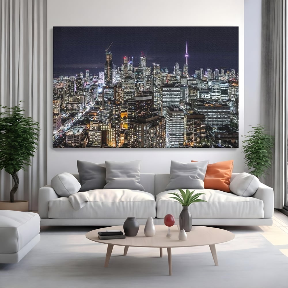Tablou Canvas Premium, LuxCanva® O1061, Orasul in Mii de Ferestre, Toronto, Canada, Glob, Lumina, Cristal, Apogeu, Otel, Neon, Stele, Puls, Electric, Visare, Vacanta, Privitor, Birou, Living, Dormitor