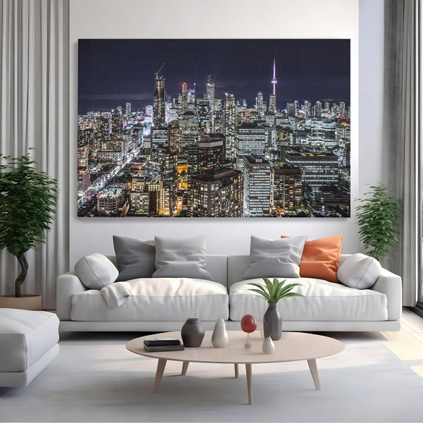 Tablou Canvas Premium, LuxCanva® O1061, Orasul in Mii de Ferestre, Toronto, Canada, Glob, Lumina, Cristal, Apogeu, Otel, Neon, Stele, Puls, Electric, Visare, Vacanta, Privitor, Birou, Living, Dormitor