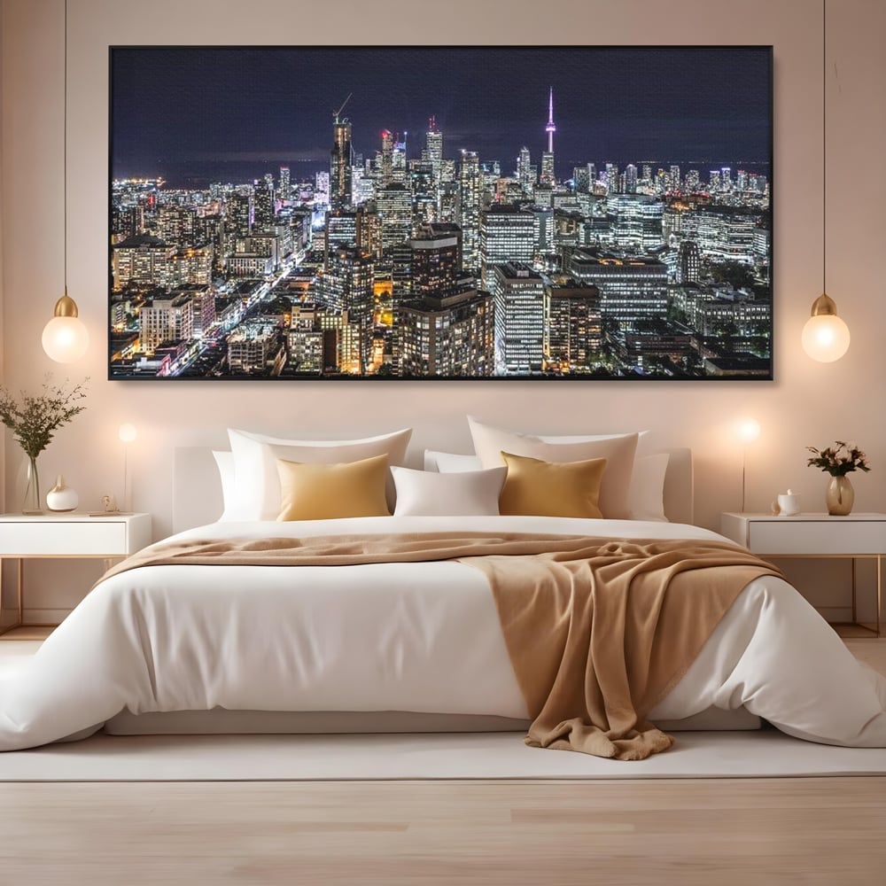 Tablou Canvas Premium, LuxCanva® O1061, Orasul in Mii de Ferestre, Toronto, Canada, Glob, Lumina, Cristal, Apogeu, Otel, Neon, Stele, Puls, Electric, Visare, Vacanta, Privitor, Birou, Living, Dormitor