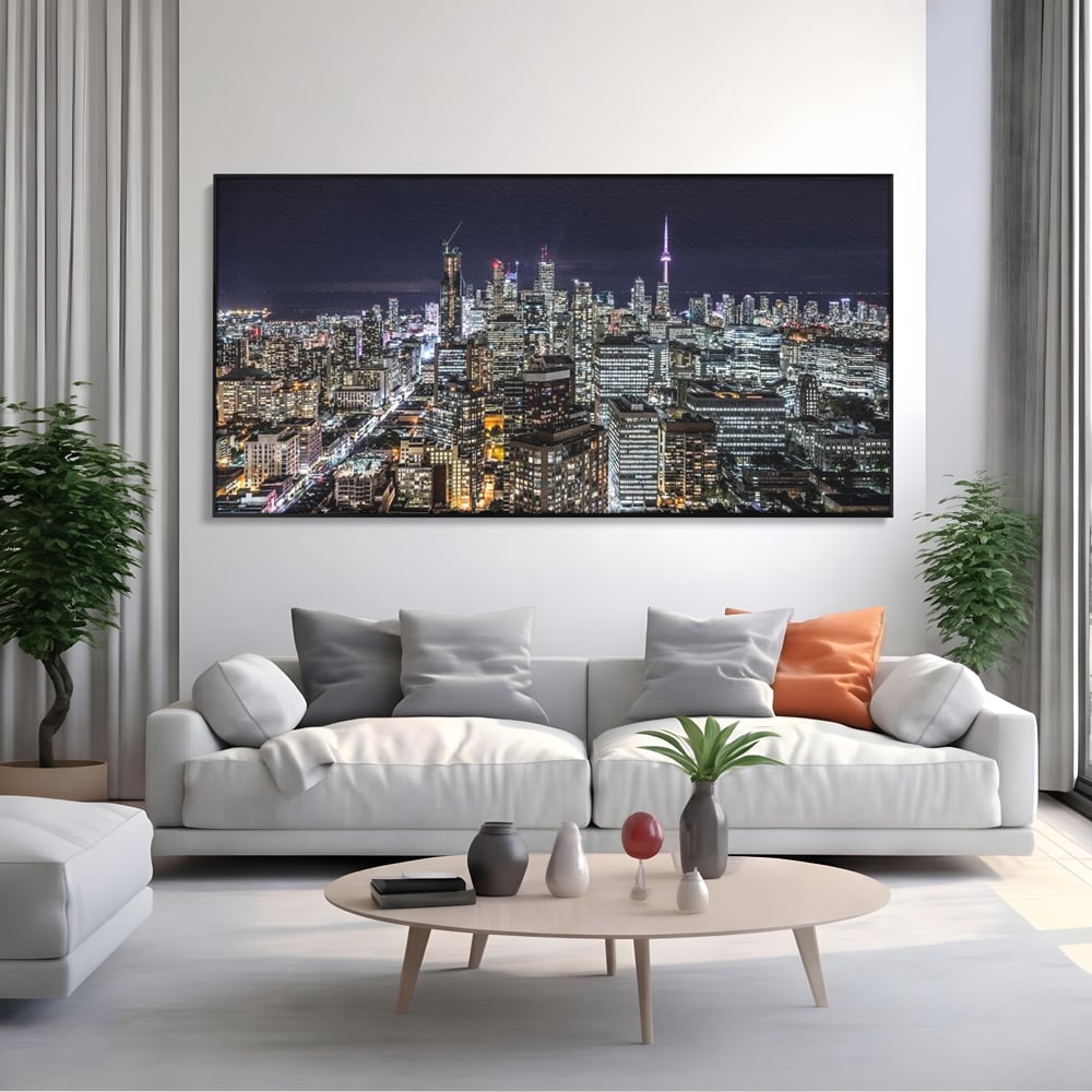 Tablou Canvas Premium, LuxCanva® O1061, Orasul in Mii de Ferestre, Toronto, Canada, Glob, Lumina, Cristal, Apogeu, Otel, Neon, Stele, Puls, Electric, Visare, Vacanta, Privitor, Birou, Living, Dormitor